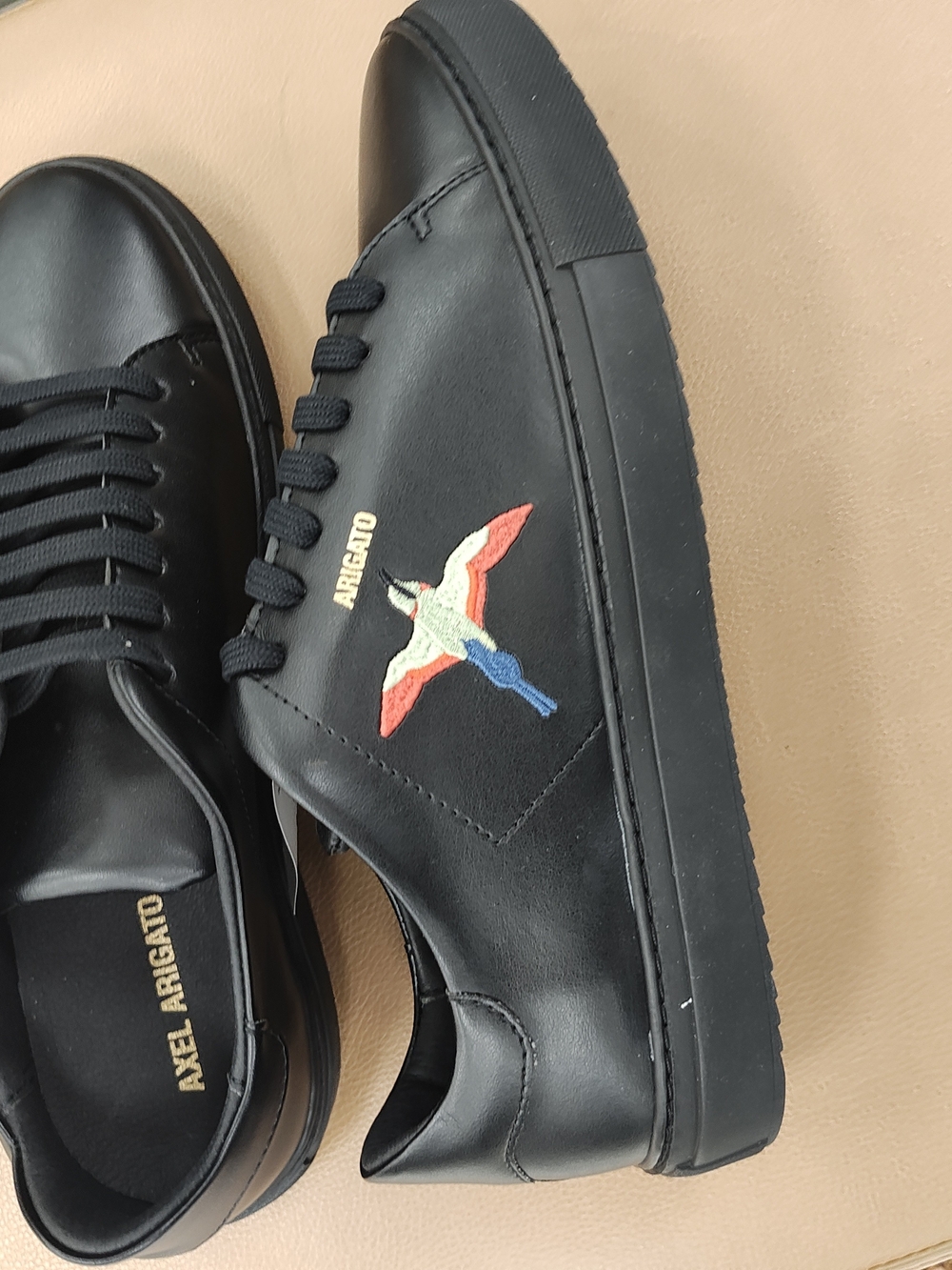 Axel Arigato Black Leather Sneakers with Red, Blue and Cream Bird Embroidery10.5